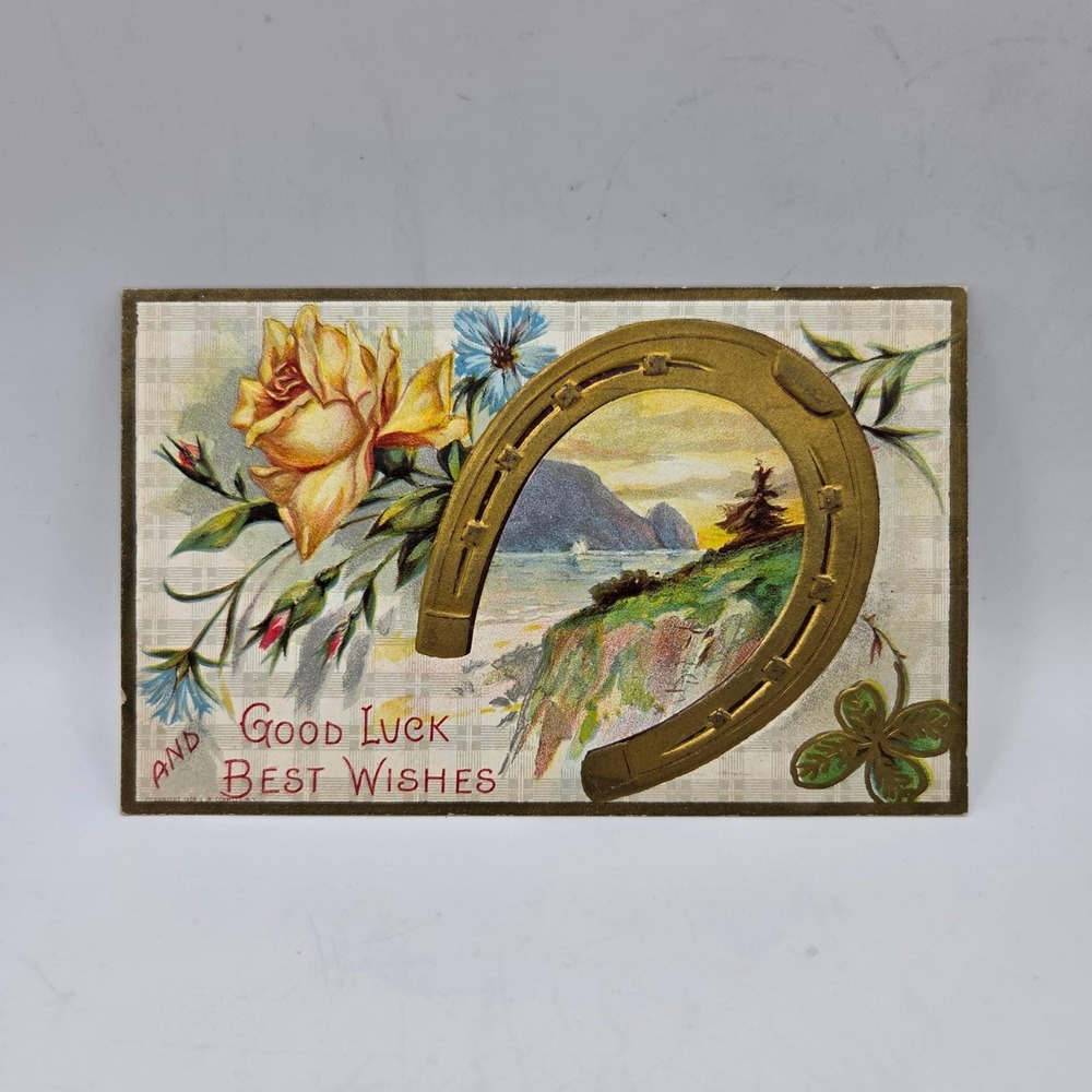 Good Luck Best Wishes Vintage Postcard Horseshoe Rose 1909 R Conwell